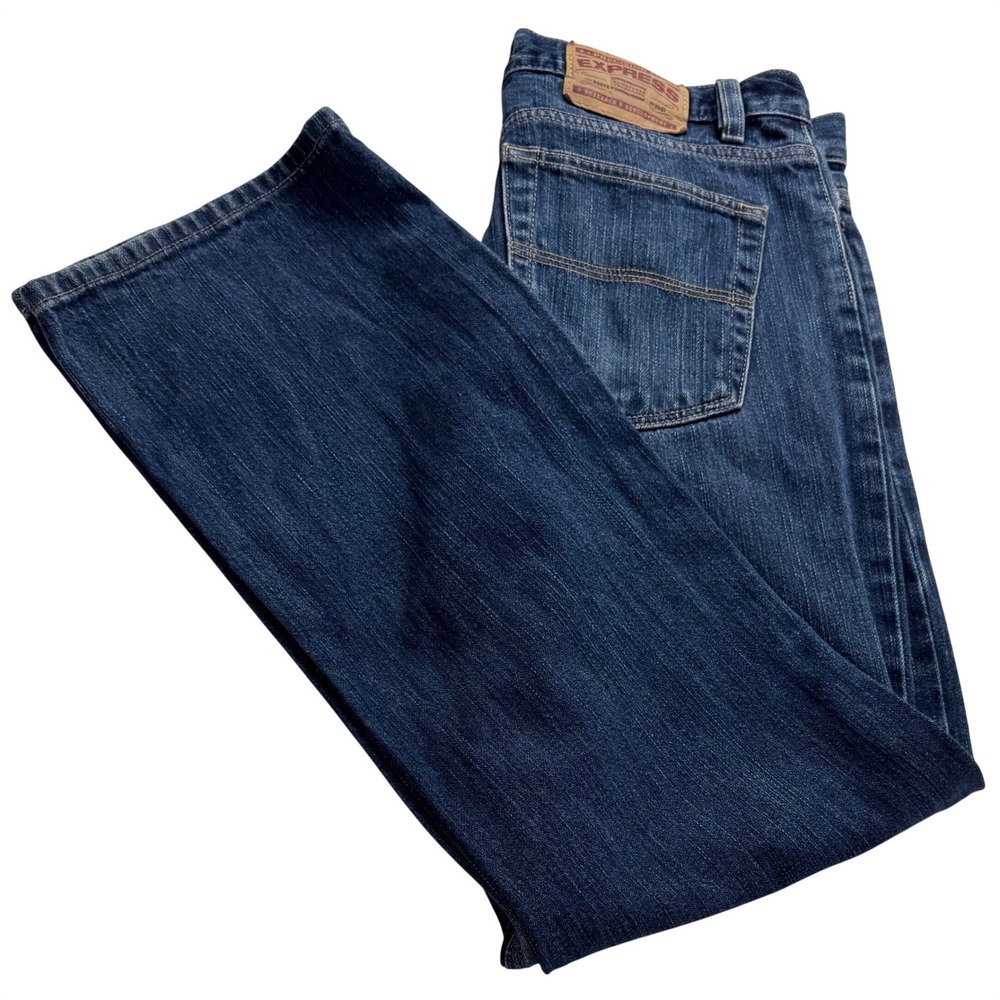 Express Precision Fit Mens Low Rise Boot Cut Jeans Dark Wash 32x30 Button Fly‎